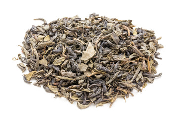 Green tea leaf isolated on white background.