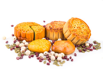 Mid Autumn festival Chinese mooncake  with ingredients on white background