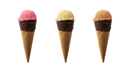 Strawberry, vanilla and chocolate ice cream cones