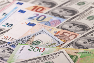 Fototapeta na wymiar Dollar, euro, ruble banknotes