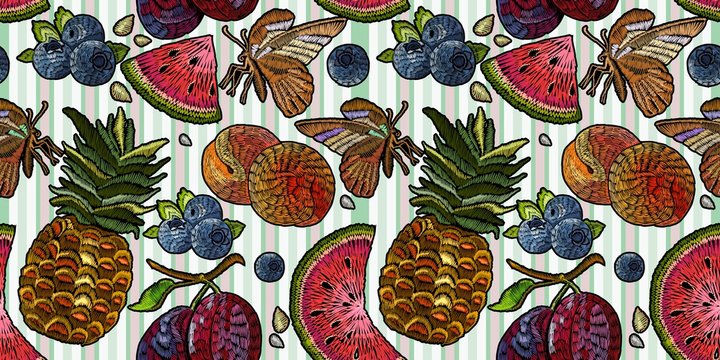 Embroidery fruit seamless pattern. Classic embroidery watermelon, pineapple, plums, berries, butterflies, summer seamless pattern. Template for clothes, textiles, t-shirt design
