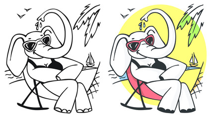 elephant in chaise lounge on beach