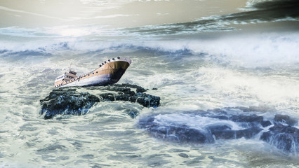 old shipwreck boat abandoned stand on rock