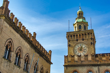 Clock Tower on Palazzo Comunale in Bologna. Italy