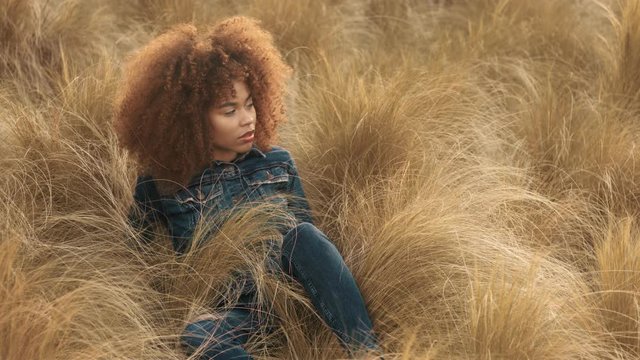 black mixed race woman with big afro curly hair in sunset light sits on lawn field with high dry hay grass and watching aside and in camera.