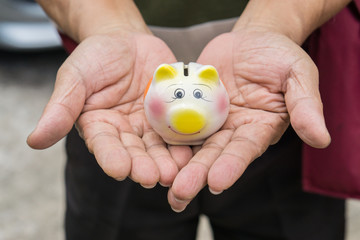 Small piggy bank in old asian man hands., saving bank concept.