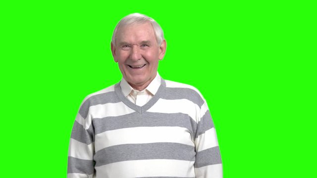 Front view grandpa laughing out loud. Cheerful granddad happily laughing in green hromakey background.