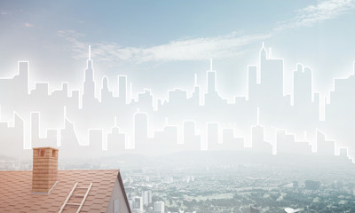 Concept of real estate and construction with drawn silhouette on big city background