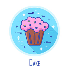 Vector icon with cake in a coloured circle. Vector banner for fast food. Thin line flat design.