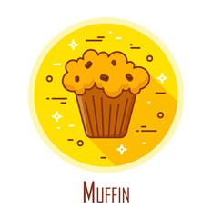 Vector icon with muffin in a coloured circle. Vector banner for fast food. Thin line flat design.