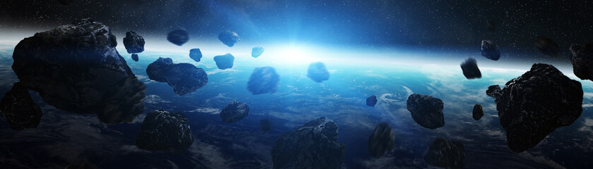 Fototapeta na wymiar Panoramic view of planet Earth with asteroids flying close 3D rendering elements of this image furnished by NASA