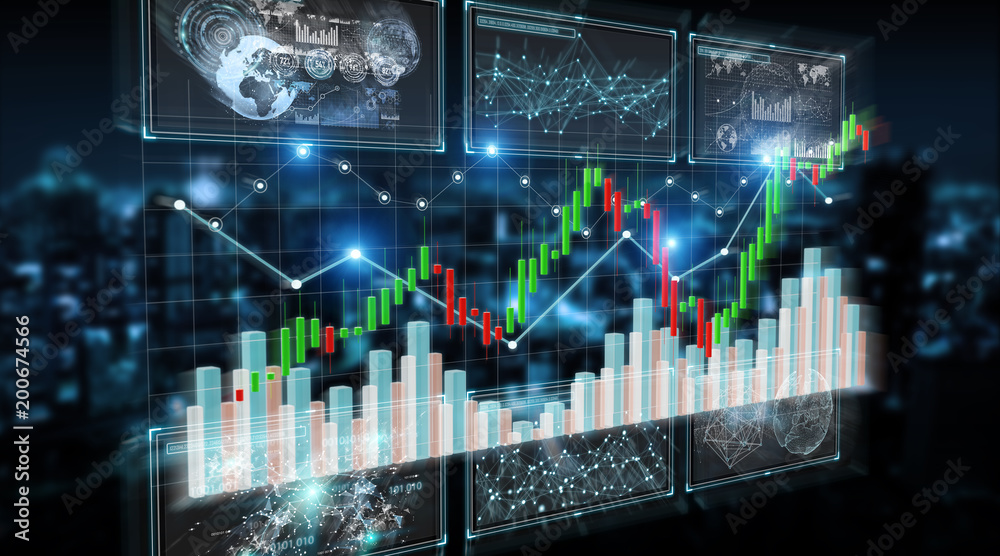 Poster 3D rendering stock exchange datas and charts illustration