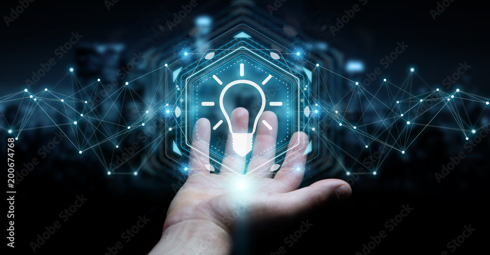 Aufkleber Businessman using lightbulb idea interface 3D rendering