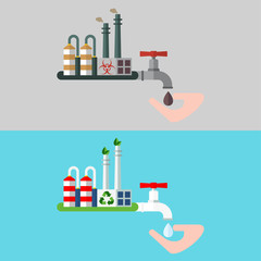Industrial factory and water with toxic waste. Environmentally friendly manufacture and water purification system. Ecology design concept with air, water, soil pollution. Flat vector illustration.