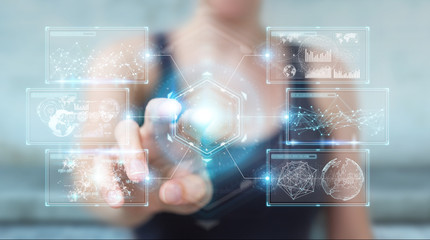 Businesswoman using digital screens interface with holograms datas 3D rendering