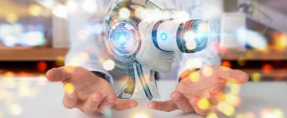 Businessman using virtual reality and artificial intelligence 3D rendering