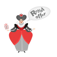 Vector illustration of funny cartoon queen with a speech bubble. Royal offer icon. Isolated fairy tale character on a white background