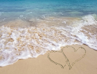pair of hearts in beach sand with frothy ocean surf and turquoise ocean water