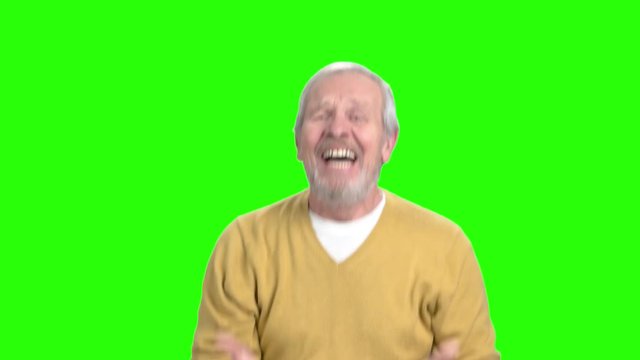 Desperate elderly man gesturing with hands. Stressed and depressed old man on chroma key background. Human facial expressions.
