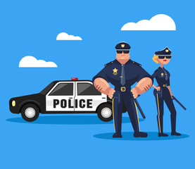 Two policeman man and woman officer characters standing near police car with serious face expression. Teamwork cop concept. Vector flat graphic design isolated element illustration