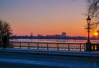 winter cityscape of Hamburg,Germany, bridge and river
