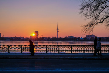 sunset on the coast in Hamburg, Germany, TV tower