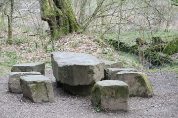 Druidenversammlungsort mit Hockern im tiefen Wald