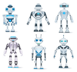 Set of realistic robot isolated on white background. Robots of different shapes for game design. Vector illustration