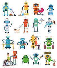 Set of Robot characters isolated on white background. Robots assistant gardener, nurse, governess, rescuer and waiter. Vector illustration