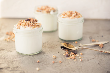 Yoghurt with granola made of oats, raisins, puffed rice, chocolate and dried bananas. Healthy breakfast for family.