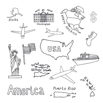 Map of the United States of America and its territories. North America, Alaska, USA, Hawaii, Guam and the US Virgin Islands. Statue of Liberty and the White House. vector