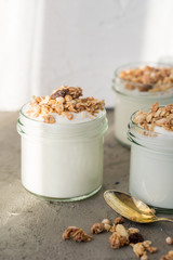 Yoghurt with granola made of oats, raisins, puffed rice, chocolate and dried bananas. Healthy breakfast for family.