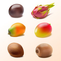 Set of isolated tropical fruits passion fruit, pitaya, mango, coconut, papaya, kiwi