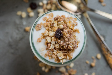 Yoghurt with granola made of oats, raisins, puffed rice, chocolate and dried bananas. Healthy breakfast for family.