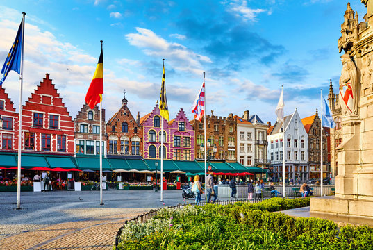 Bruges, Belgium. Central Market Square (Markt) In Old Town