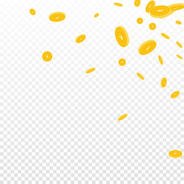 Chinese yuan coins falling. Scattered disorderly CNY coins on transparent background. Beautiful scattered top right corner vector illustration. Jackpot or success concept.