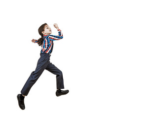 Fototapeta na wymiar Boy preschooler jumping isolated on white background