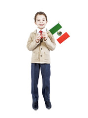 A little boy with flag of Mexico on the white background