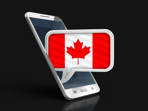 Touchscreen smartphone and Speech bubble with Canadian flag. Image with clipping path