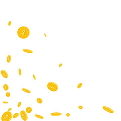 American dollar coins falling. Scattered disorderly USD coins on white background. Sublime scattered bottom left corner vector illustration. Jackpot or success concept.