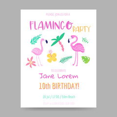 Childish Tropical Summer Design with Cute Flamingos, Palms and Flowers. Exotic Bird Card for Birthday Invitation, Baby Shower. Hand Drawn Flamingo Children Print. Vector illustration