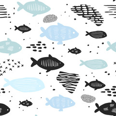 Childish Nautical Seamless Patterns with Cute Fish. Underwater Creatures Background for Fabric, Wallpaper, Wrapping Paper. Vector illustration