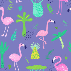 Tropical Seamless Pattern with Cute Flamingo and Palm Leaves. Childish Summer Background for Wallpaper, Fabric, Wrapping Paper, Decoration. Vector illustration