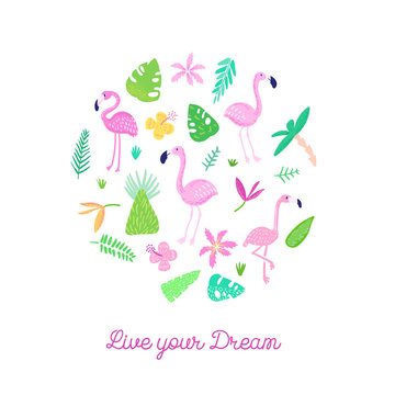 Childish Tropical Design with Cute Flamingos, Palms and Flowers. Exotic Bird Card for Birthday Invitation, Baby Shower. Hand Drawn Flamingo Children Print. Vector illustration