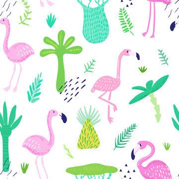 Tropical Seamless Pattern with Cute Flamingo and Palm Leaves. Childish Summer Background for Wallpaper, Fabric, Wrapping Paper, Decoration. Vector illustration