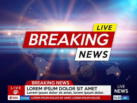 Background screen saver on breaking news. Breaking news live on blue  background with sunrise and world map. Vector illustration.