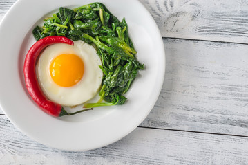 Fried egg with spinach and fresh chilli