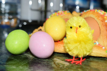 chocolate eggs of various colors with decorations