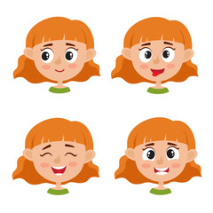 Little red-haired girl happy face expression isolated on white.