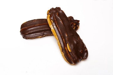 Dessert Chocolate Eclairs isolated on white background, brewing cake 